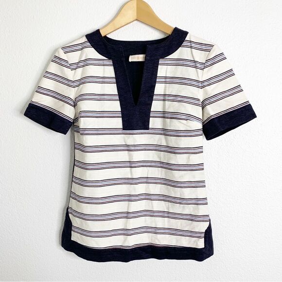 Tory Burch Linen Navy Neutral Short Sleeve Striped Top Size Extra Small - Picture 1 of 4